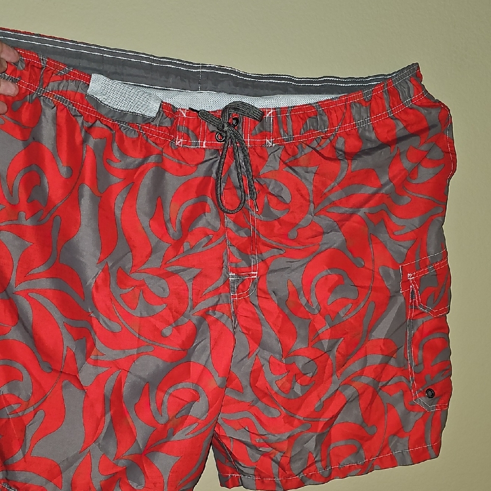 Vibrant Red and Gray Men's Swim Board Shorts